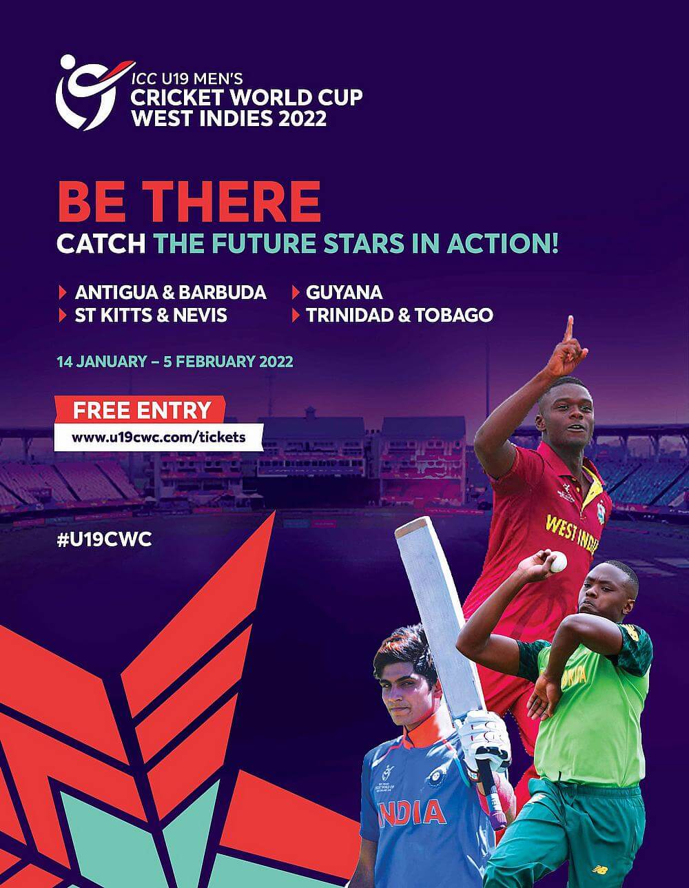 Poster for the ICC U-19 Cricket World Cup from 14th January to 5th February